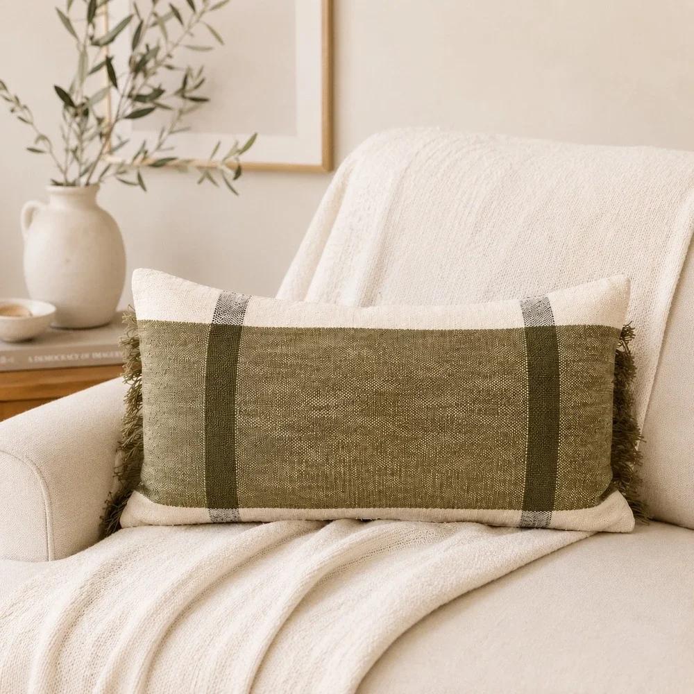 Threshold Olive Green Plaid Lumbar Toss Pillow with Fringe 14x24 Cotton Linen